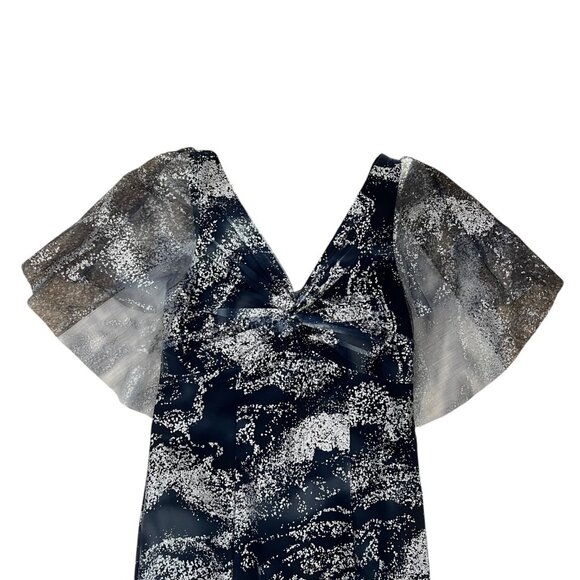 Marchesa Notte Glitter Tulle Cape Sleeve Side Slit Maxi‎ Gown Navy Silver Size 6 - Picture 6 of 15